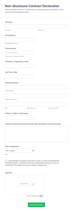 Non Disclosure Contract Declaration Form Template