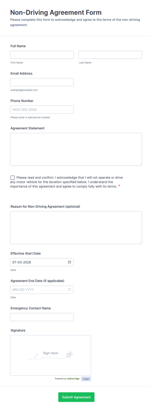 Non Driving Agreement Form Template