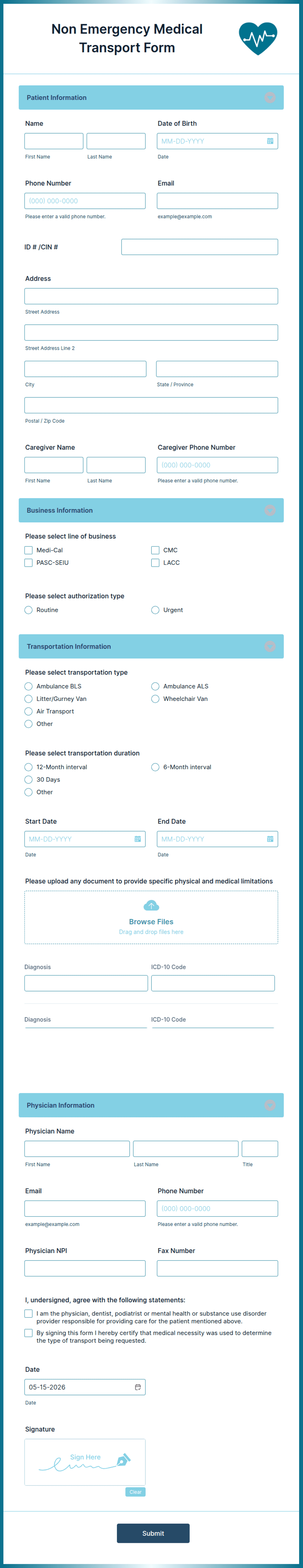 Mtm Form Non Emergency Medical Transport Form Template | Jotform