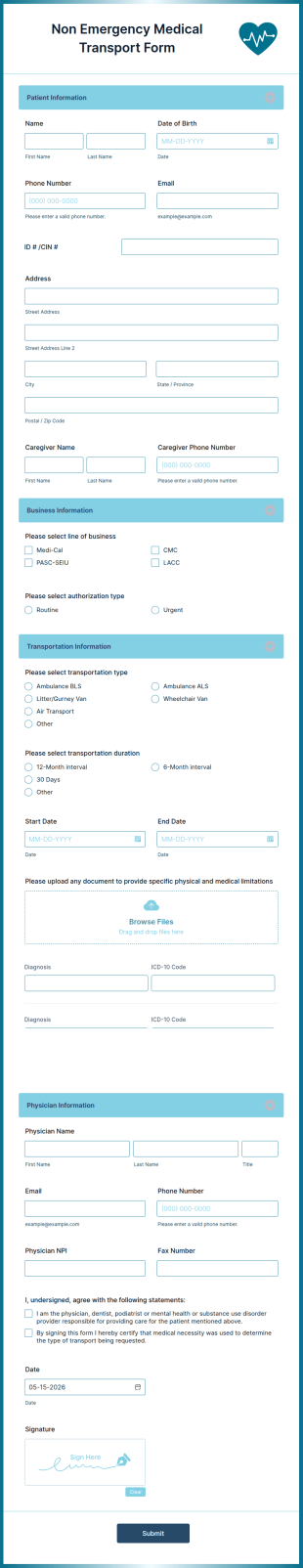 Non Emergency Medical Transport Form Template