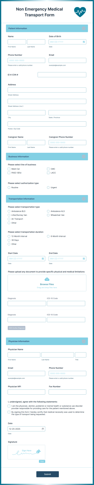 Non Emergency Medical Transport Form Template