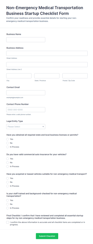 Non Emergency Medical Transportation Business Startup Checklist Form Template