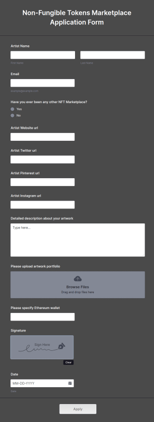 Non Fungible Tokens Marketplace Application Form Template