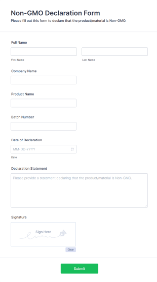 Non GMO Declaration Form Form Template