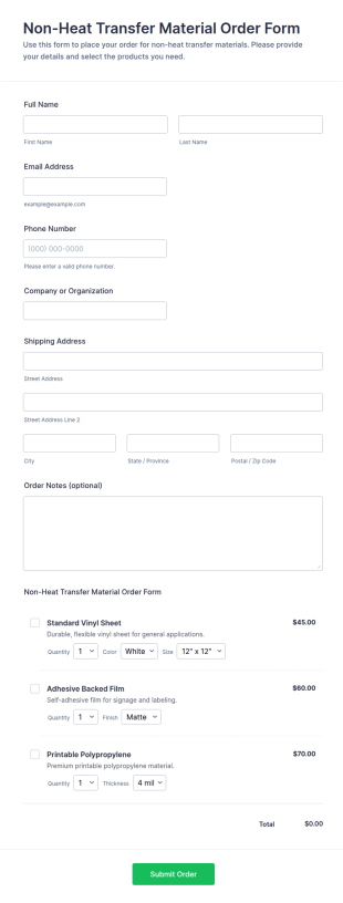 Non Heat Transfer Material Order Form Template