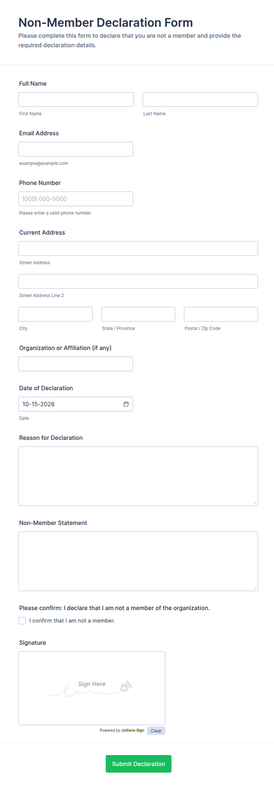 Declaration Form Pdf Non-Member Declaration Form Template | Jotform