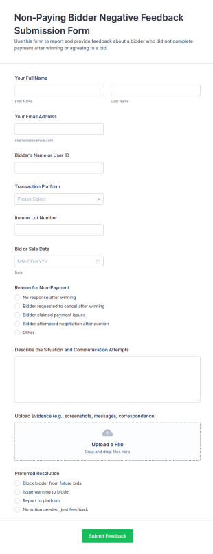 Non Paying Bidder Negative Feedback Submission Form Template