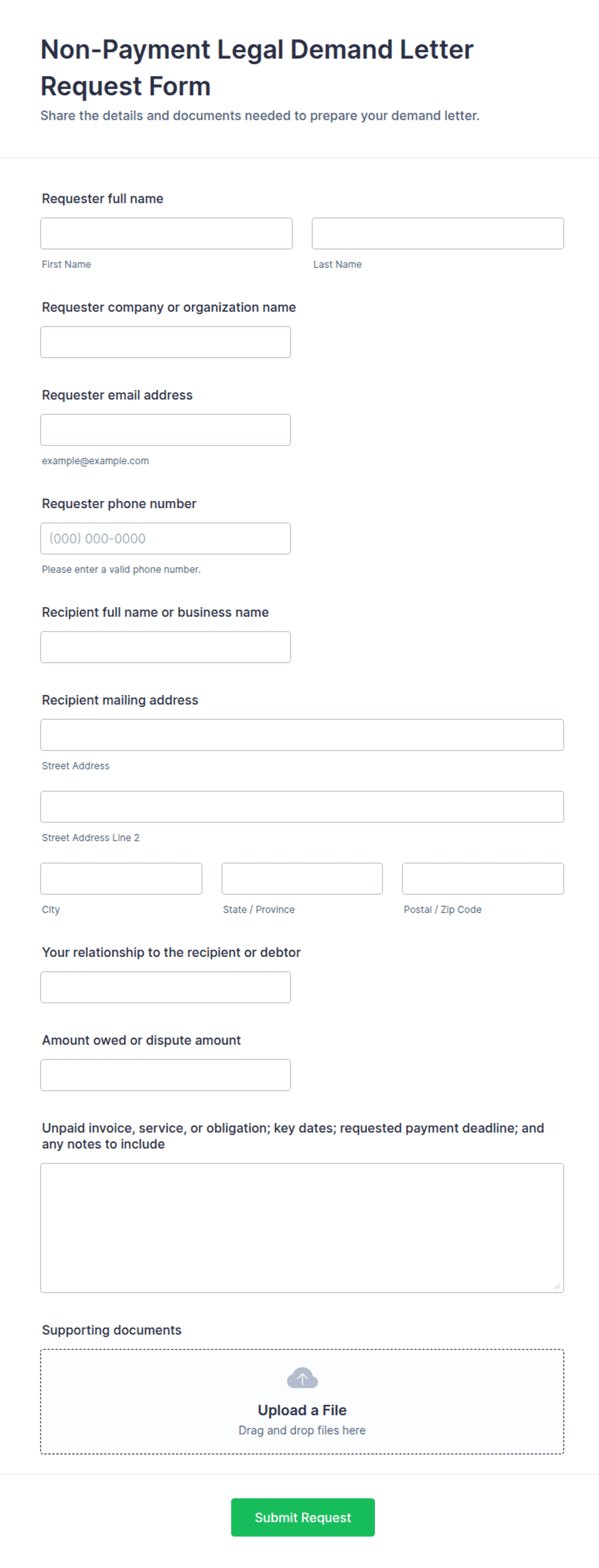 Non-Payment Legal Demand Letter Request Form Template | Jotform