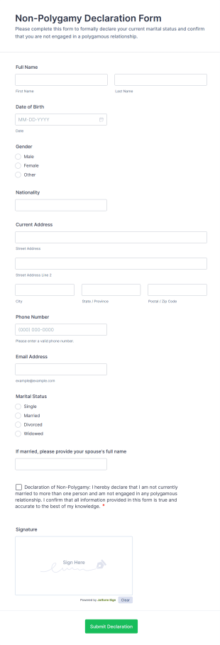 Non Polygamy Declaration Form Template