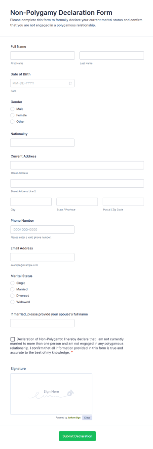 Non Polygamy Declaration Form Template
