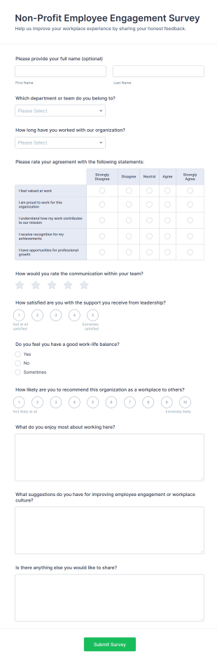 Non Profit Employee Engagement Survey Form Template