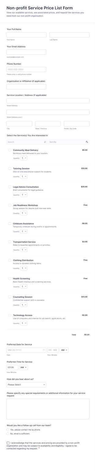 Non Profit Service Price List Form Template