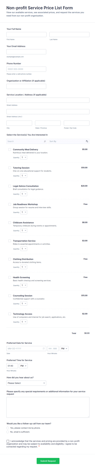 Non Profit Service Price List Form Template
