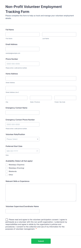 Non Profit Volunteer Employment Tracking Form Template