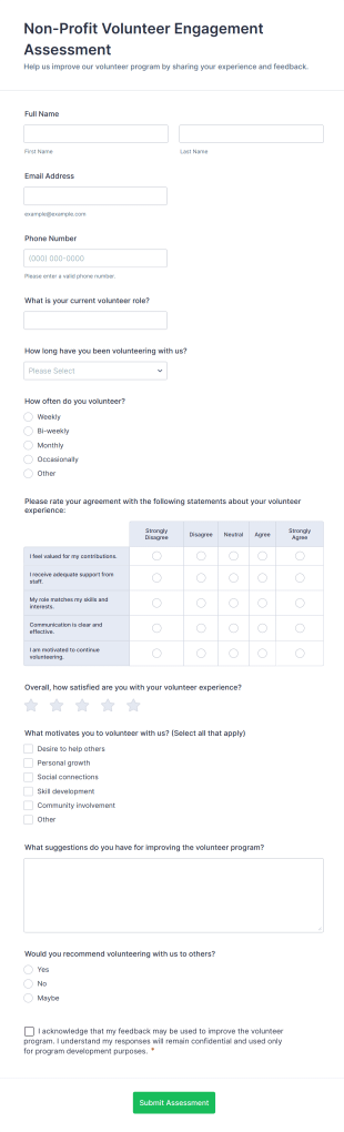 Non Profit Volunteer Engagement Assessment Form Template
