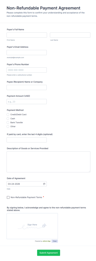 Non Refundable Payment Agreement Form Template