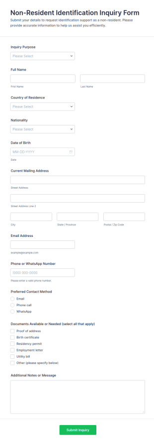 Non Resident Identification Inquiry Form Template