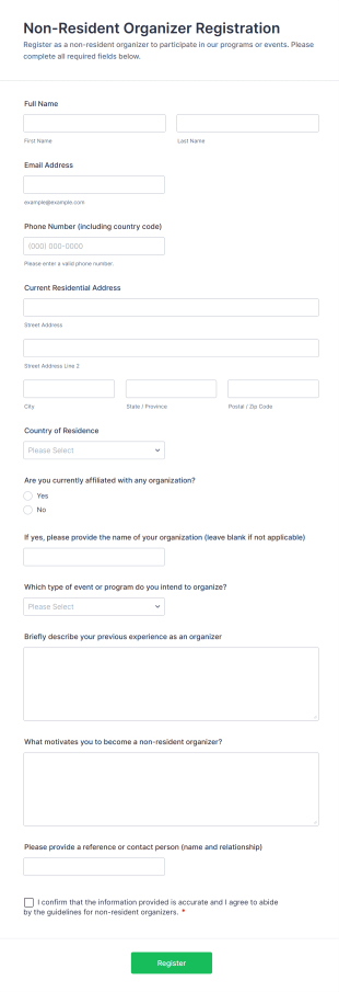Non Resident Organizer Registration Form Template