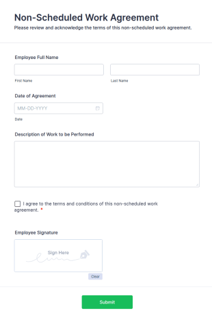 Non Scheduled Work Agreement Form Template