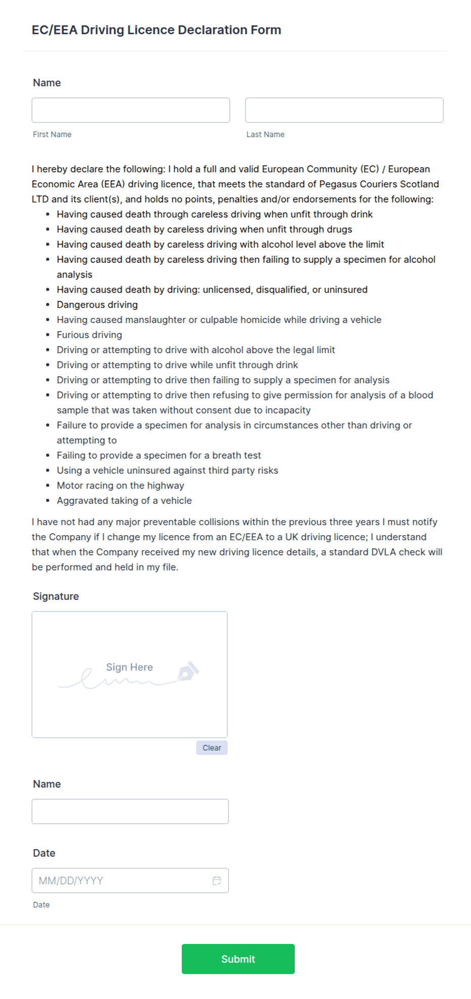 Driver Declaration Non UK Driving Licence Declaration Form Template | Jotform