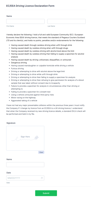 Non UK Driving Licence Declaration Form Template