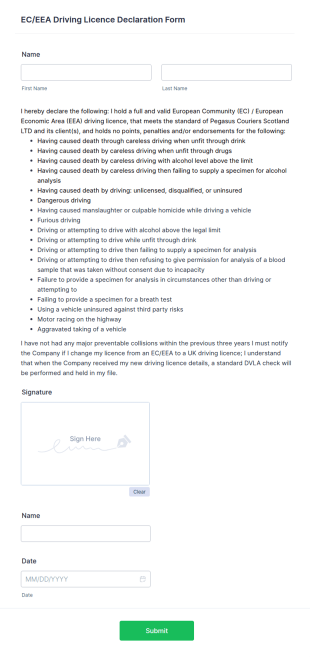Non UK Driving Licence Declaration Form Template