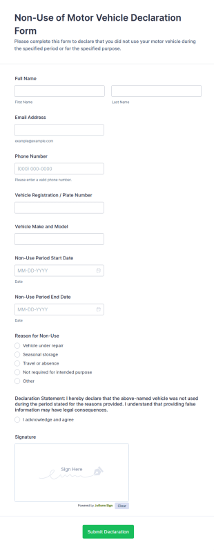 Non Use Of Motor Vehicle Declaration Form Template