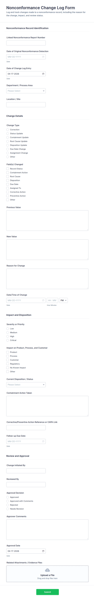 Nonconformance Change Log Form Template