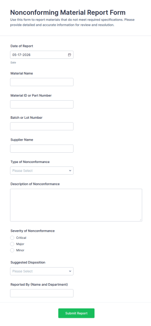 Nonconforming Material Report Form Template