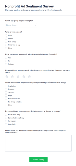 Nonprofit Ad Sentiment Survey Form Template