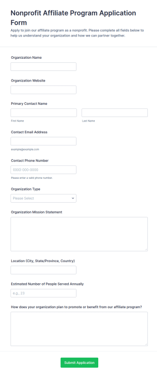 Nonprofit Affiliate Program Application Form Template