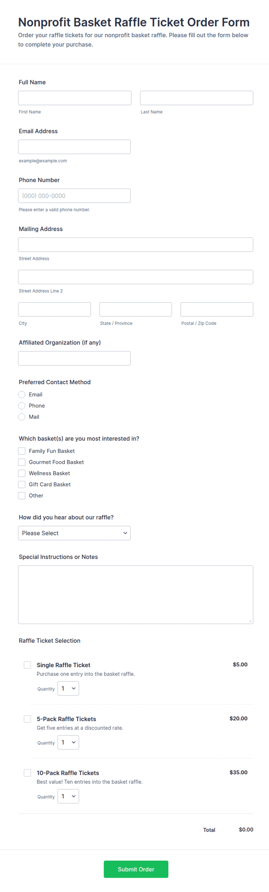 Nonprofit Basket Raffle Ticket Order Form Template | Jotform