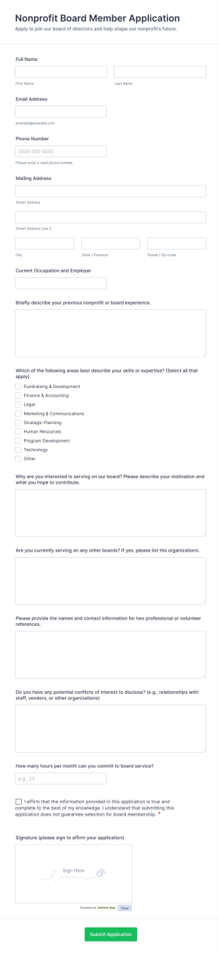 Nonprofit Board Member Application Form Template