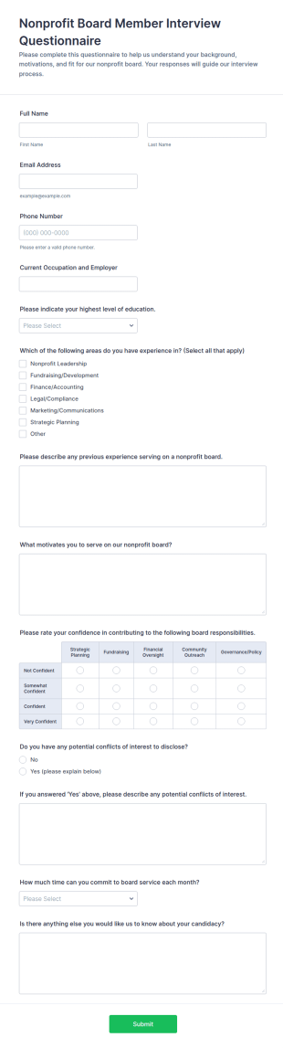 Nonprofit Board Member Interview Questionnaire Form Template