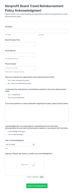 Nonprofit Board Travel Reimbursement Policy Acknowledgment Form Template