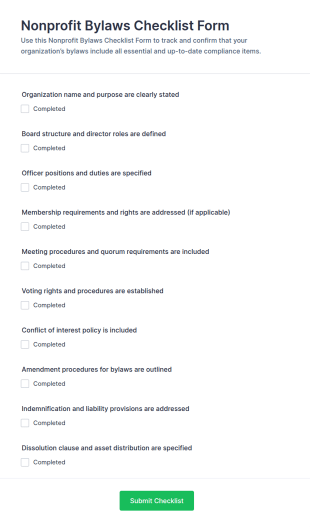 Nonprofit Bylaws Checklist Form Template