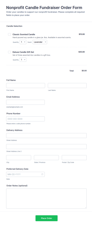 Nonprofit Candle Fundraiser Order Form Template