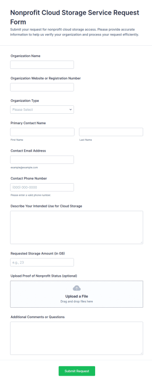 Nonprofit Cloud Storage Service Request Form Template