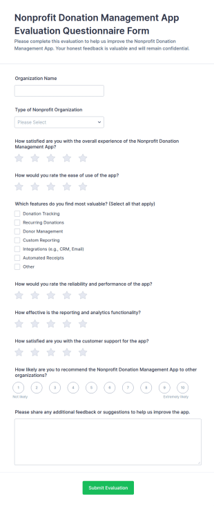 Nonprofit Donation Management App Evaluation Questionnaire Form Template