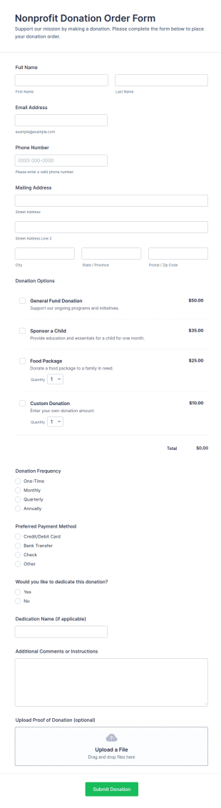 Nonprofit Donation Order Form Template