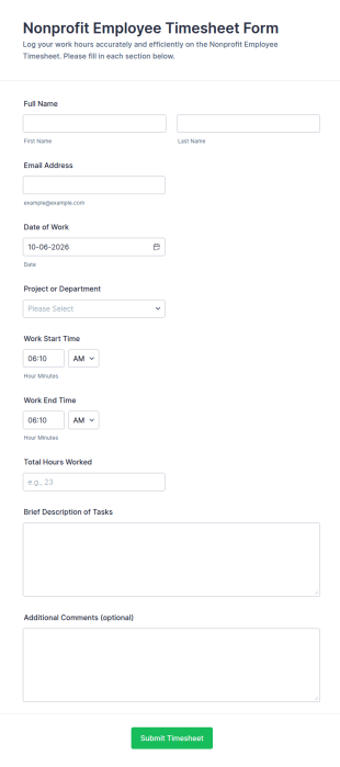 Nonprofit Employee Timesheet Form Template
