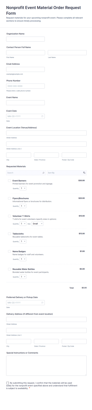 Nonprofit Event Material Order Request Form Template
