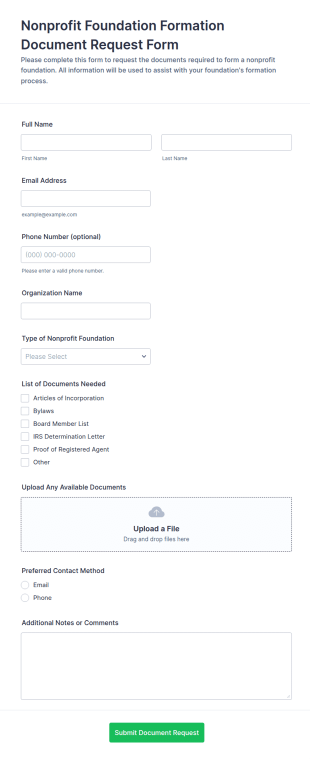 Nonprofit Foundation Formation Document Request Form Template