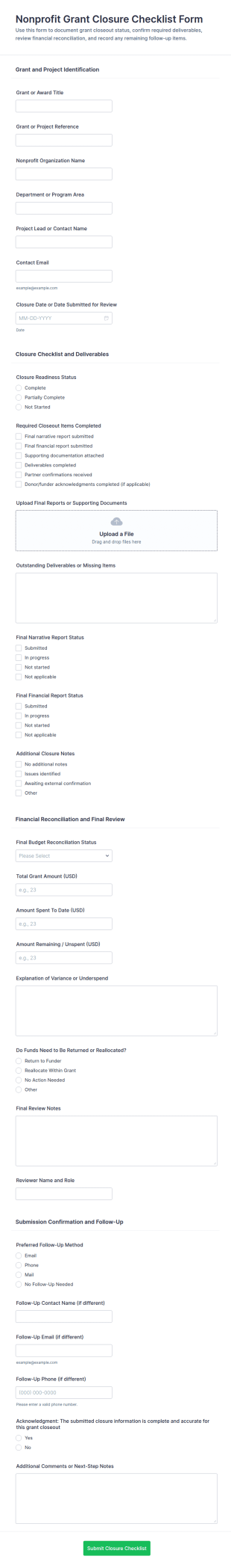 Nonprofit Grant Closure Checklist Form Template