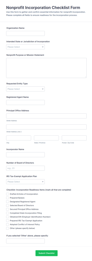Nonprofit Incorporation Checklist Form Template