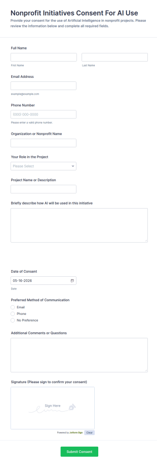 Nonprofit Initiatives Consent For AI Use Form Template
