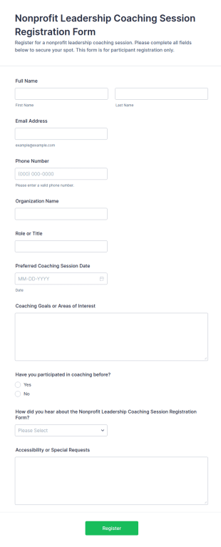 Nonprofit Leadership Coaching Session Registration Form Template