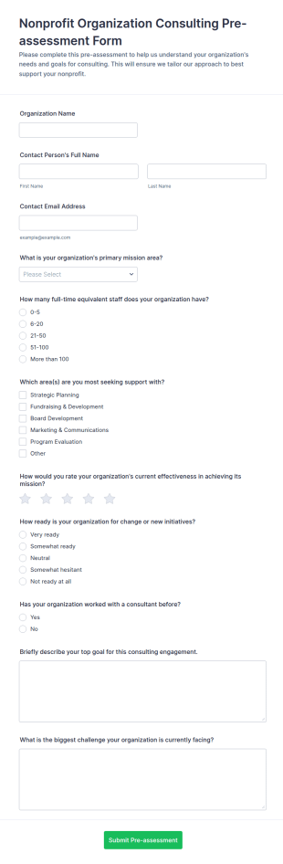 Nonprofit Organization Consulting Pre Assessment Form Template