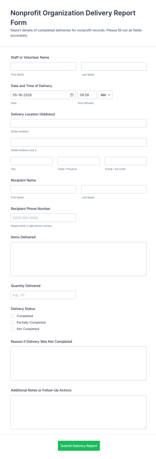 Nonprofit Organization Delivery Report Form Template