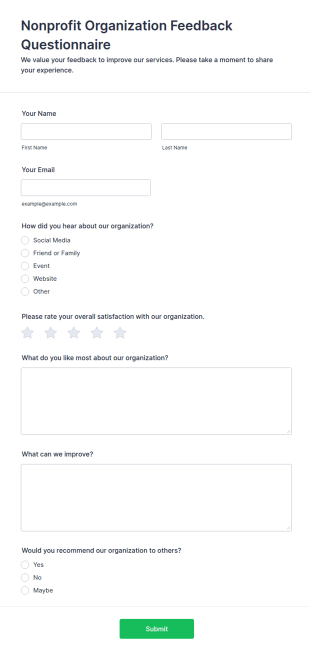 Nonprofit Organization Feedback Questionnaire Form Template
